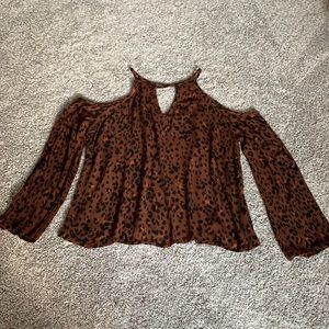 Leppard Print Cold Shoulder Long Sleeve Top